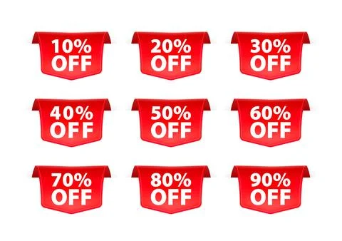 Set of Red Discount Tags with Different Sale Percentages for Retail Promotion Stockillustratie