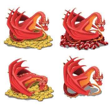 Set of red dragon guarding his treasures and golden coins isolated on a white Stock Illustration