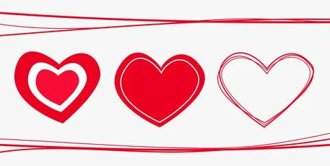 Set of red drawn hearts in lined frame. Love symbol Stock Illustration