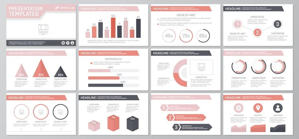 Set of red elements for multipurpose presentation template slides with graphs Illustrazione stock