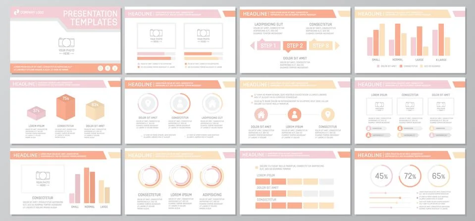 Set of red elements for multipurpose presentation template slides with graphs Stock Illustration