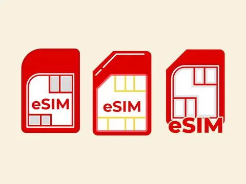 A Set of Red eSIM and Classic SIM Card Icons for Mobile Technology and Tele.. Stock-Illustration
