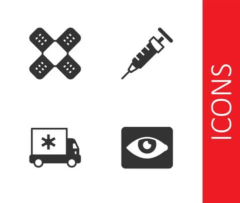 Set Red eye effect, Crossed bandage plaster, Ambulance car and Syringe icon Illustrazione stock