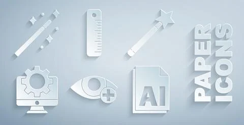 Set Red eye effect, Magic wand, Computer monitor gear, AI file document, Ruler Stock Illustration