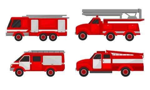 Set of red fire engines. Vector illustration on a white background. Stock Illustration