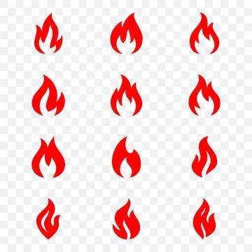 Set of red flame icons isolated on transparent background. Vector fire clipart Stock Illustration