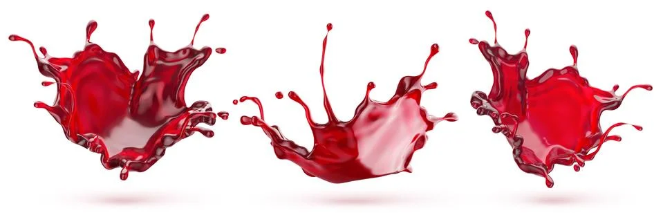 Set of red fluid splash flows with bubbles and drops isolated. Vector Stock Illustration