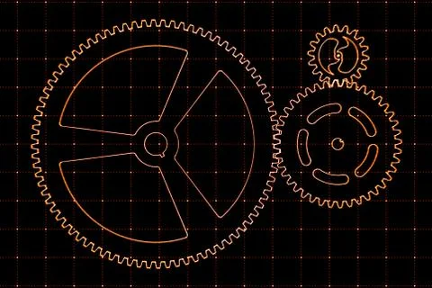 Set of red gears and cogs on virtual screen Illustrazione stock