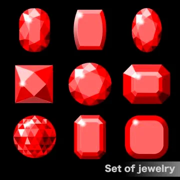 Set of red gems ruby of various shapes. Illustrazione stock