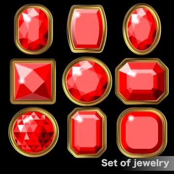 Set of red gems ruby of various shapes. Illustrazione stock