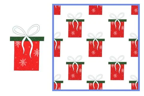 Set - a red gift box with a green lid, with snowflakes and a bow, isolated on Stock Illustration