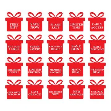 Set of red gift boxes with various promotional phrases showcasing discounts.. Stock Illustration