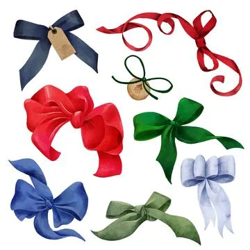 Set of red, green and blue bows. hand drawn Stock Illustration