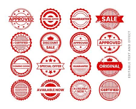 Set of red grunge circle rubber stamp set collection, approved, special off.. Stock Illustration