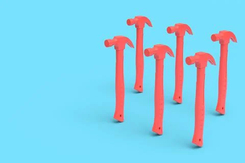 Set of red hammers with a rubberized handle on blue background Illustration