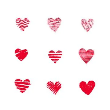Set of red hand drawn textured vector hearts. Stock Illustration