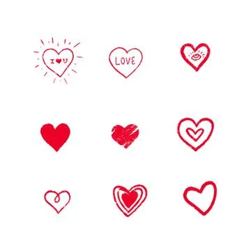 Set of red hand drawn textured vector hearts. 库存插图