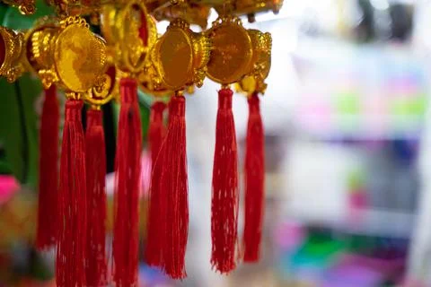 Set of red hanging elements in traditional Asian markets Happy chinese new ye Stock Photos
