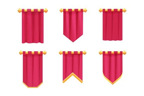 Set red hanging medieval banner flag with cloth texture and golden decoration in Illustrazione stock