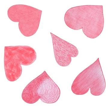 Set of Red Hearts Drawn by Colored Pencil. The Sign of World Heart Day. Symbo Stock Illustration