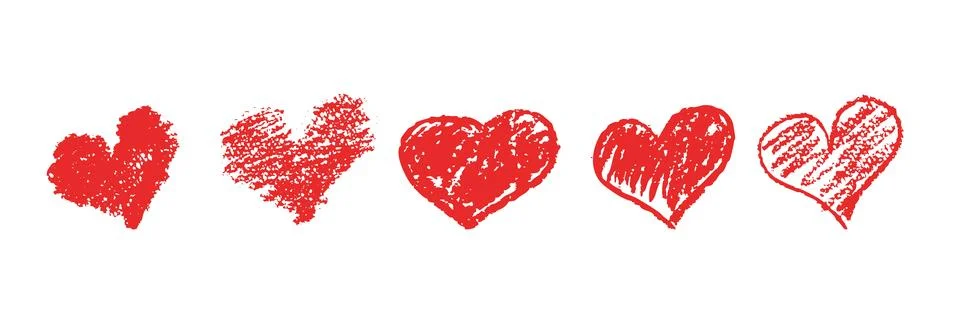 Set of red hearts signs drawn by wax pencil. Love symbols in doodle style Illustrazione stock