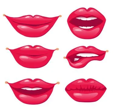 Set of red lips. Sexy and glamour red lips on a white background. Make up and Stock Illustration