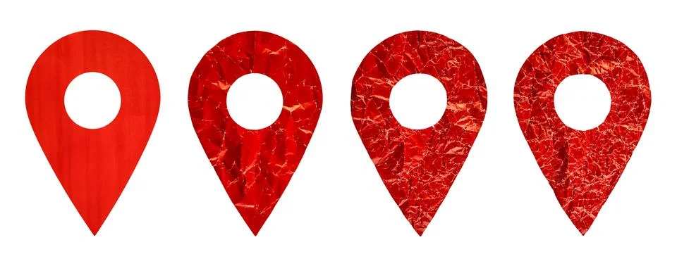 Set of red location map pin gps pointer markers made of crumpled paper Stock Photos