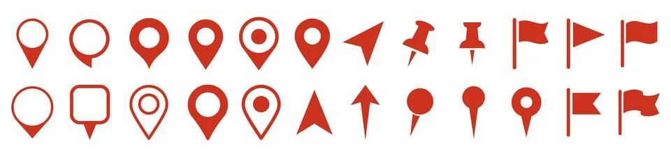 Set of red map markers, location pins, pointers, and flags icons. Includes va Stock Illustration