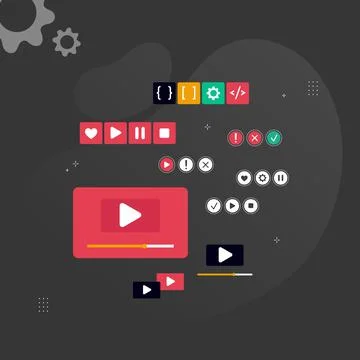 Set of Red Media player buttons icons in line style. Set of vector interface  Stock Illustration