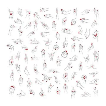 Set red neils hand collection drawn gesture sketch vector illustration line.. Stock Illustration