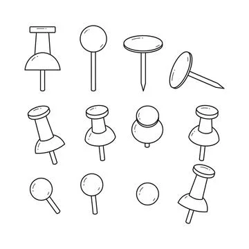 Set of Red Push Pin outline line art shadow Collection, Thumbtacks with var.. Stock Illustration