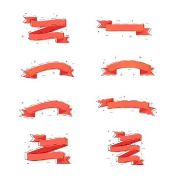 Set of red ribbons with dashed lines and geometric abstract shapes. Elements  Stock Illustration