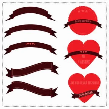 Set of red ribbons, hearts and logos in vintage retro style. for valentines Stock Illustration