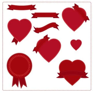 Set of red ribbons, hearts and logos in vintage retro style. for valentines Stock-Illustration
