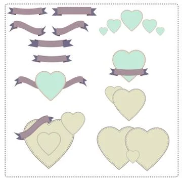 Set of red ribbons, hearts and logos in vintage retro style. for valentines Stock Illustration