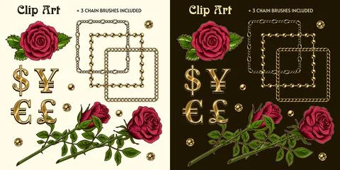 Set with red roses, gold chains, money symbols Stock Illustration
