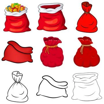 Set red sacks of Santa. Tied up and empty. Vector illustration. Isolated on w Stock-Illustration