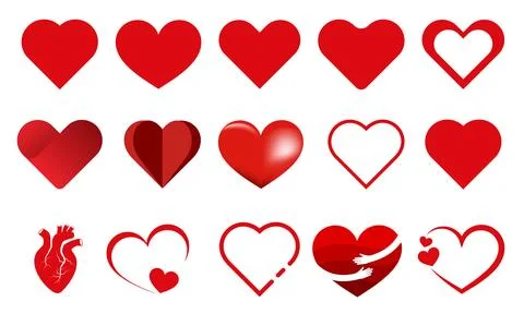 Set of red shape heart icons, collection of different styles heart shapes Stock Illustration
