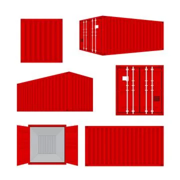 Set of red Shipping cargo containers with open, closed doors realistic set... Stock Illustration