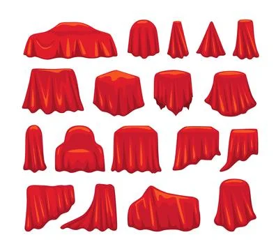 Set of Red silk cloth covered different objects collection, Red silk curtai.. Stock Illustration