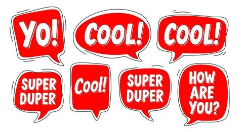 A set of red speech bubbles with white text Stock Illustration