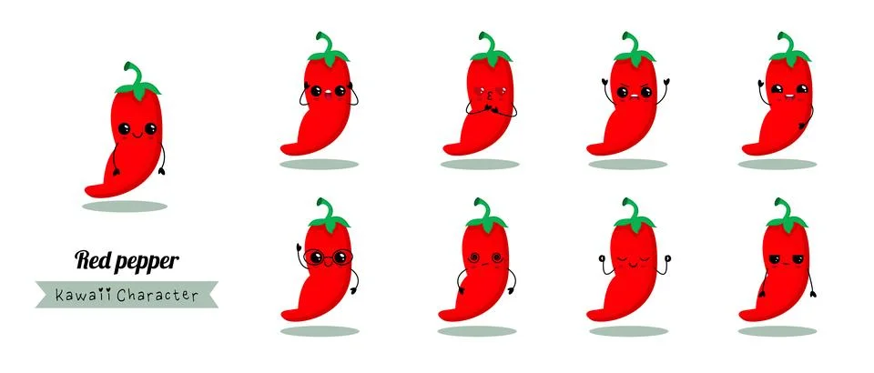 Set of Red Spicy Chilli Pepper Characters with Different Emotions. Stock Illustration