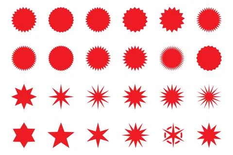 Set of red star or sun shaped sale stickers. Promotional sticky notes and labels Stock Illustration
