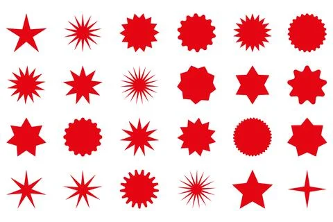 Set of red star or sun shaped sale stickers. Promotional sticky notes and labels Stock Illustration