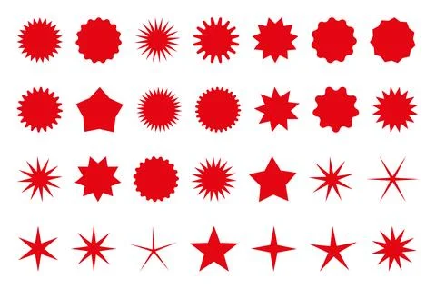 Set of red star or sun shaped sale stickers. Promotional sticky notes and labels Stock Illustration