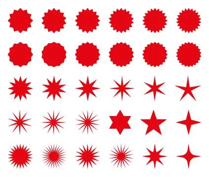 Set of red star or sun shaped sale stickers. Promotional sticky notes and labels Stock Illustration