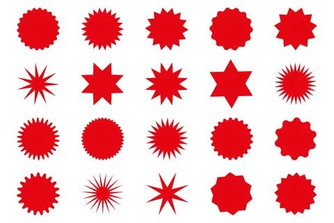 Set of red star or sun shaped sale stickers. Promotional sticky notes and labels Stock Illustration