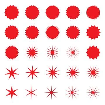 Set of red star or sun shaped sale stickers. Promotional sticky notes and labels Stock Illustration