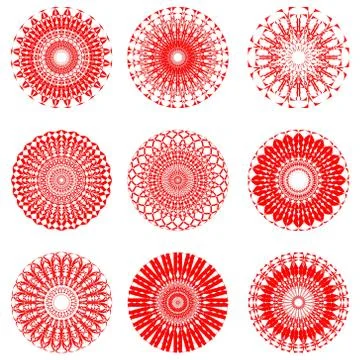A set of red symmetric circle patterns in filigree lace design イラスト素材