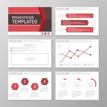 Set of red template for multipurpose presentation slides with graphs and charts Stock Illustration